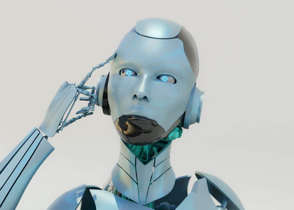 Futuristic robot with headphones listening. Taking a phone call.