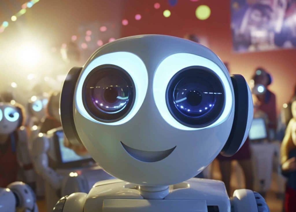 Robots in a vibrant classroom setting.