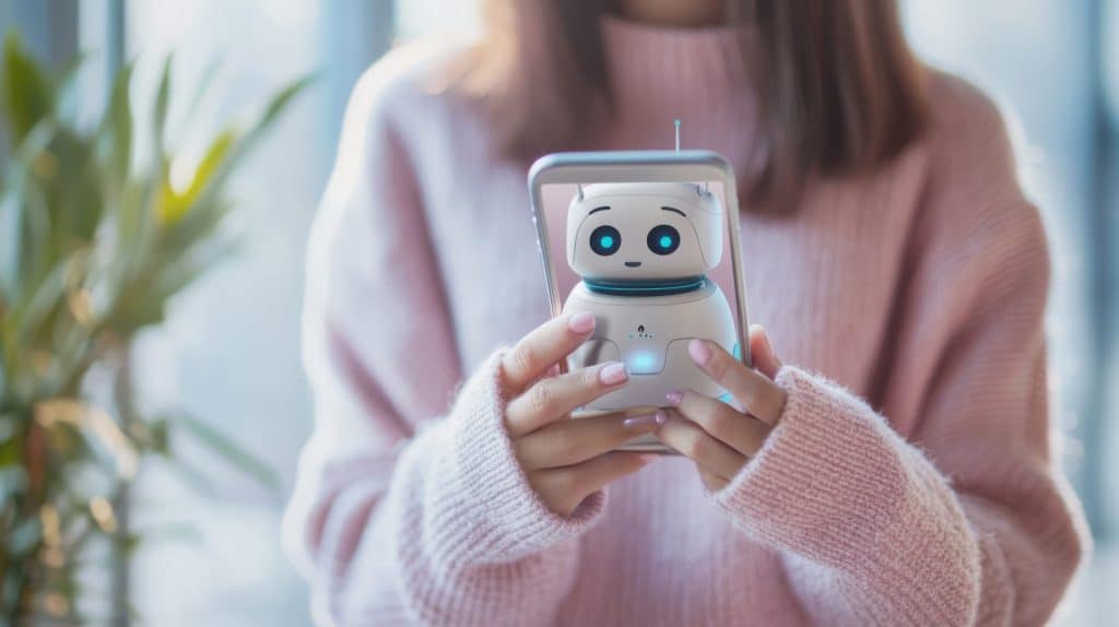 Woman using smartphone with chatbot assistant.